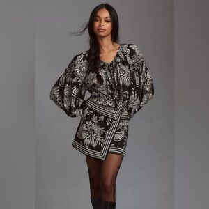 Farm Rio Paisley Bloom Long-Sleeve V-Neck Blouse & Skirt XS